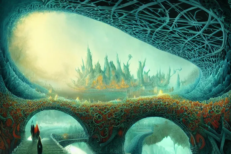 Prompt: beguiling epic stunning beautiful insanely detailed matte painting of a bridge through fire dream worlds designed by heironymous bosch, structures inspired by heironymous bosch's garden of earthly delights, surreal ice interiors by cyril rolando and asher durand and natalie shau, whimsical, intricate