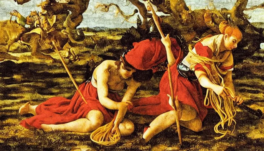 Image similar to saving Artax from a swamp full of spaghetti, in the style of Artemisia Gentileschi