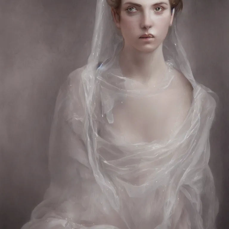 Image similar to hight focus of a wonderful realistic focused sweet wonderful symmetrical mid portrait of a lonely woman with a detailed wonderful, majestic, large semi transparent white cotton dress ornate with semi transparent cotton roses and semi transparent white veils, dramatic light, octane render, by roberto ferri style, - 8 k