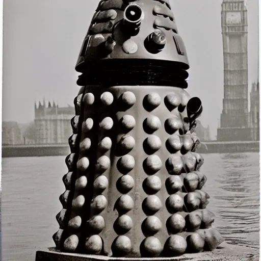 Prompt: oldschool dalek in London, riverbank, mist, beautiful polaroid photo, by Warhol,