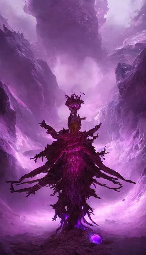 Image similar to a future scifi ancient god on the middle of a purple forest holding a portal that's about to explode, sweat drops, insane, intricate, highly detailed, oil painting, smooth, sharp focus, Unreal Engine 5, 8K, art by Diego Velázquez