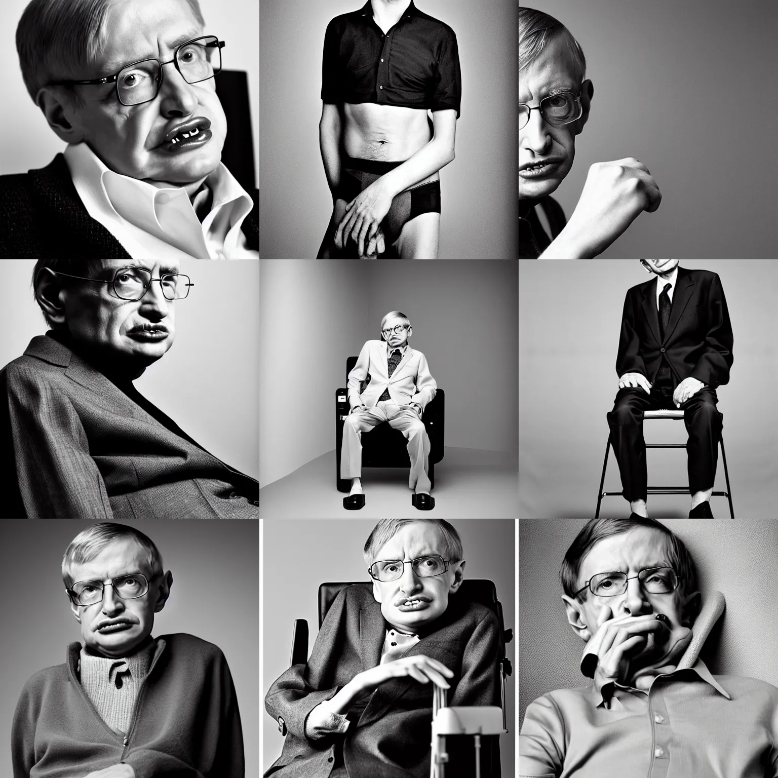 Prompt: Stephen Hawking looking chic, portrait, fashion photography, full body, underwear model by Hedi Slimane