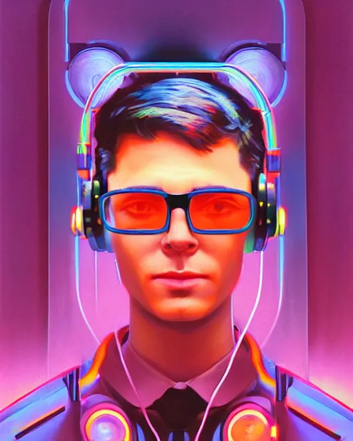 Prompt: future coder man looking on, sleek cyclops glasses display over eyes and sleek bright headphoneset, neon accent lights, holographic colors, desaturated headshot portrait digital painting by dean cornwall, rhads, john berkey, tom whalen, alex grey, alphonse mucha, donoto giancola, astronaut cyberpunk electric