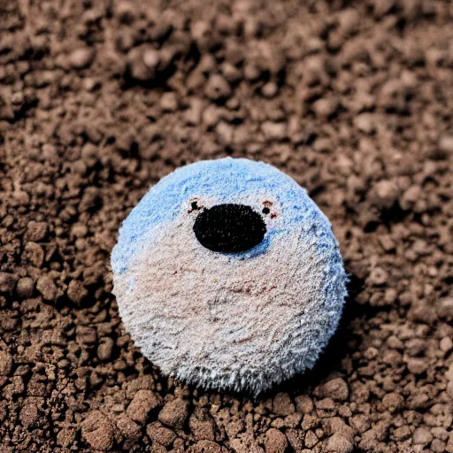 Image similar to photo of a small round creature made of dirt with round blue eyes and a round clown nose and a cute smile