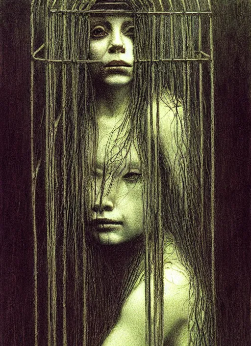 Image similar to girl with long hairs inside cage by Beksinski