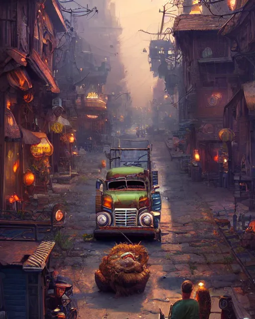 Prompt: old truck fallen apart in a street of a robust fantasy village, people gathered to watch, calming, uplifting mood, ultra realistic, factory, funny, small buildings, highly detailed, epic lighting, illuminated, cinematic, morning, art by eddie mendoza