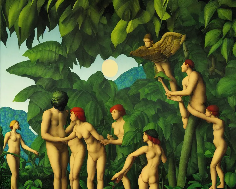 Prompt: an achingly beautiful print of blind justice in the rainforest by Raphael, Hopper, and Rene Magritte. detailed, romantic, enchanting, trending on artstation.