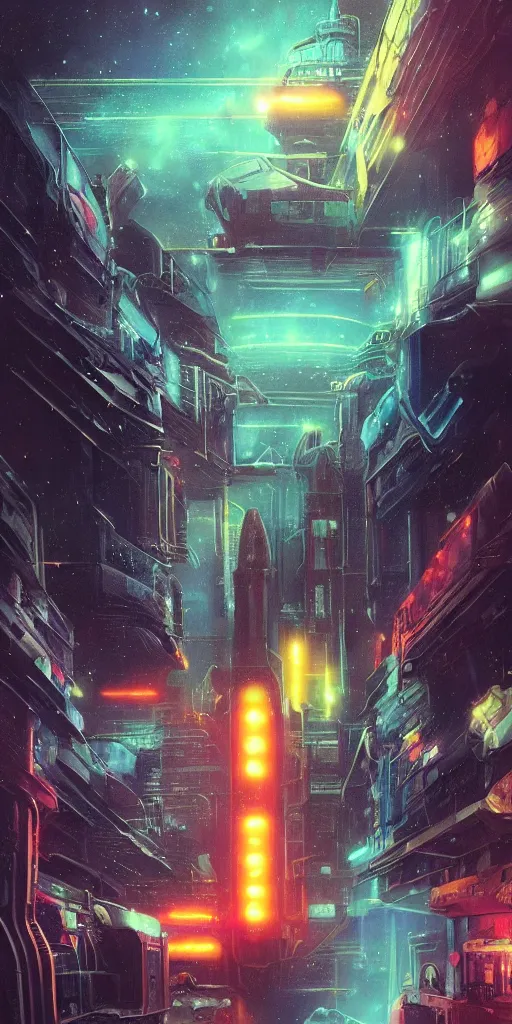 Image similar to hyper realistic space station,neon,stars,blade runner, detailed,moon, 8k,cinematic lighting, detailed oil painting, by tristan eaton,Stanley Artgermm,Tom Bagshaw,Greg Rutkowski,Carne Griffiths,trending on DeviantArt,chillwave,minimalist,cybernetic, android, blade runner,full of colour