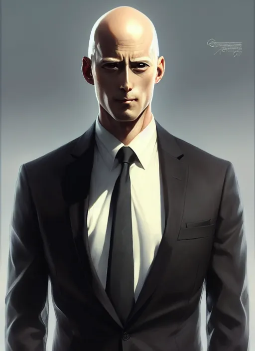 Image similar to ultra realistic illustration, handsome saitama. intricate, elegant, black suit, highly detailed, digital painting, artstation, concept art, smooth, sharp focus, illustration, art by artgerm and greg rutkowski and alphonse mucha and wlop