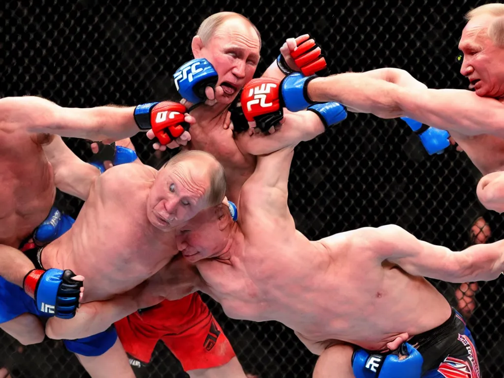 Image similar to a perfect color action photograph of donald trump and vladimir putin fighting in the ufc. guillotine choke. strong lighting. lots of sweat and haematomas.