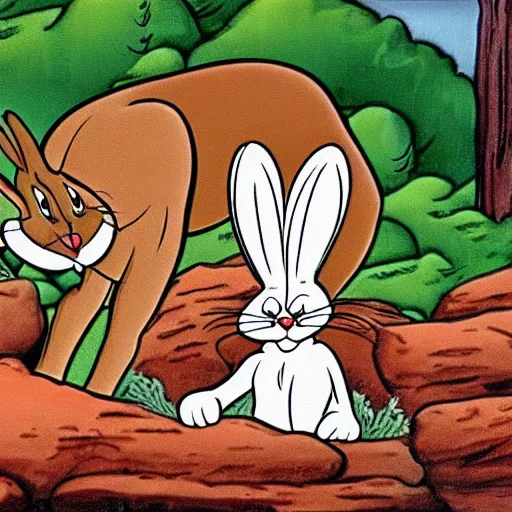 Image similar to bugs bunny being eaten by a mountain lion, animated, old cartoon style