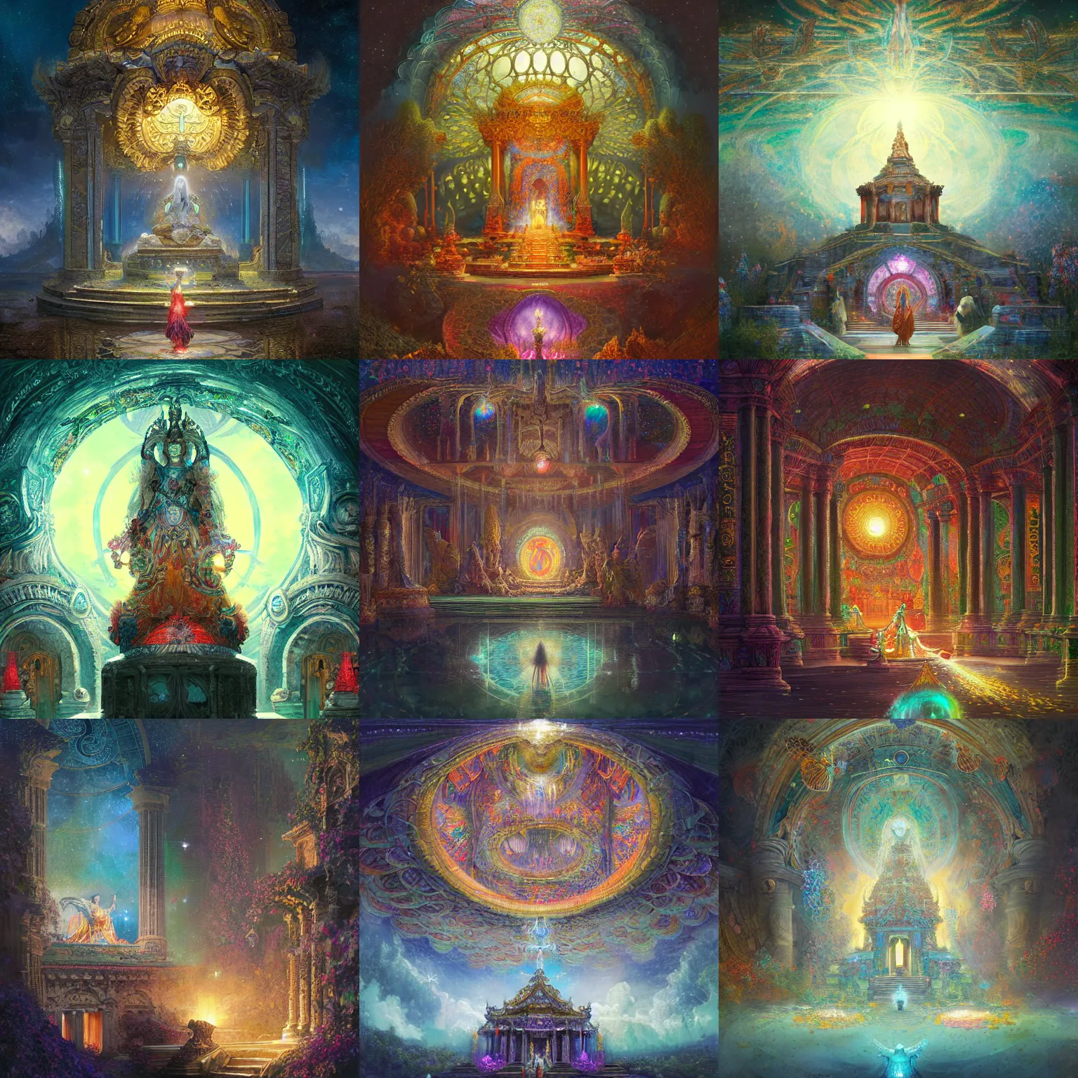 Prompt: artstation concept of a temple to the goddess of dreams. temple of the butterflies, starry sky, bright colorful, hyperdetailed, artstation trending, world renowned artists, historic artworks society, antique renewel, cgsociety, by greg rutkowski, by gustave dore, deviantart