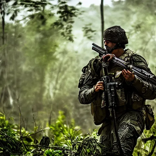 Image similar to commandos patrolling jungle, cinematic, HDR