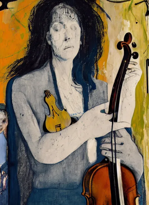 Prompt: woman standing with violin down painted by vincent lefevre and hernan bas and pat steir and hilma af klint, psychological, photorealistic, symmetrical face, dripping paint, washy brush, rendered in octane, altermodern, masterpiece