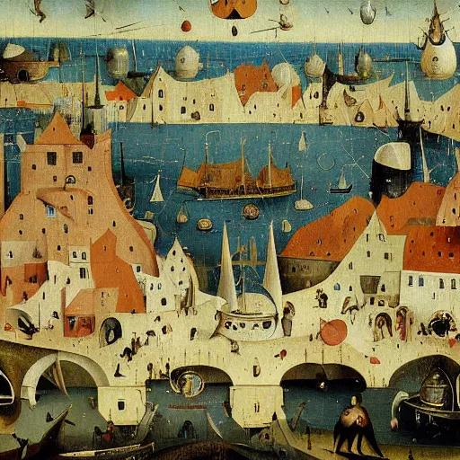 Prompt: Stunning and highly detailed painting of Port Rhu by Hieronymus Bosch