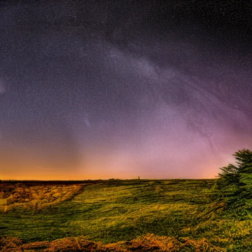 Prompt: lush landscape on a starry sky, wideshot, hdr, 4 k