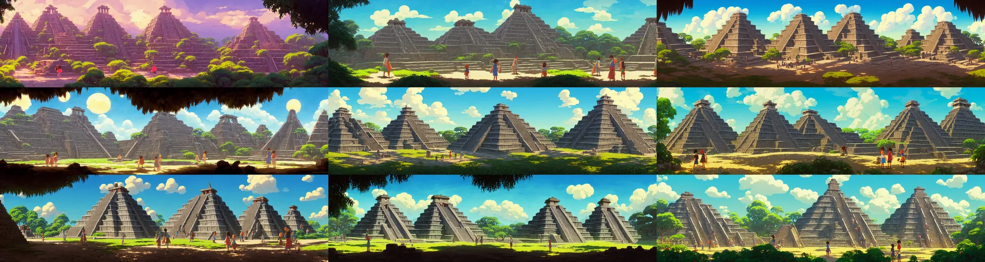 Prompt: a wholesome animation key shot of a sunny aztec temple panorama, studio ghibli, pixar and disney animation, sharp, rendered in gouache painting, anime gouache key art by greg rutkowski, bloom, dramatic, dynamic lighting