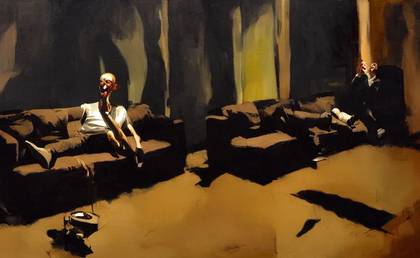 Prompt: a thin man screams at a telephone beside a sofa in a dark living room, painted by phil hale and rick berry and jeremy mann, highly detailed