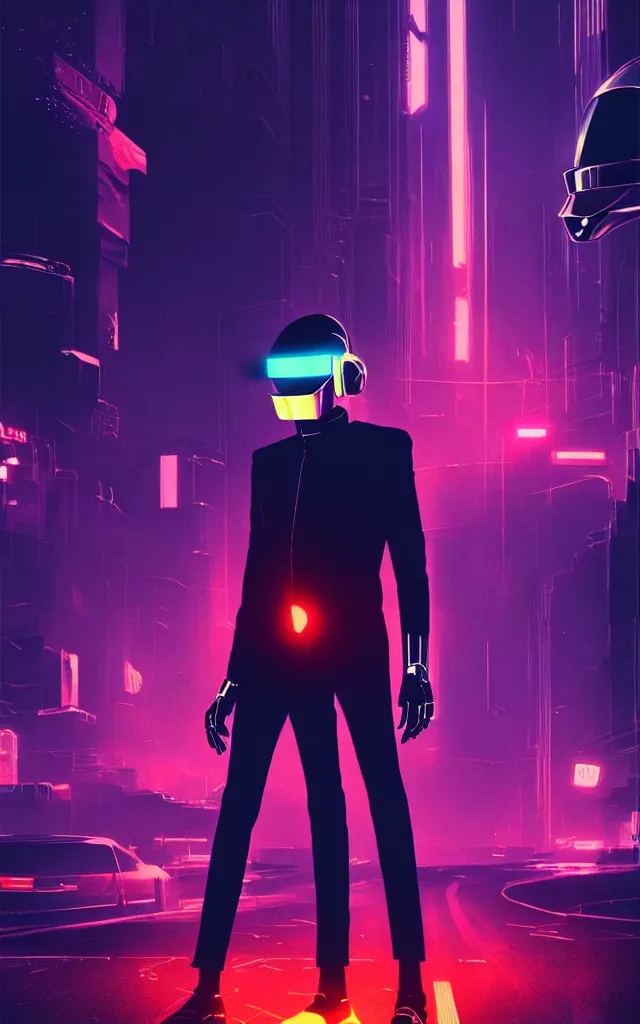 Image similar to concept art of daft punk at a magnificent dark neon futuristic cyberpunk city bustling street at night cyberart by liam wong in the film akira rendered in octane, 3 d render, trending on cgsociety, blender 3 d
