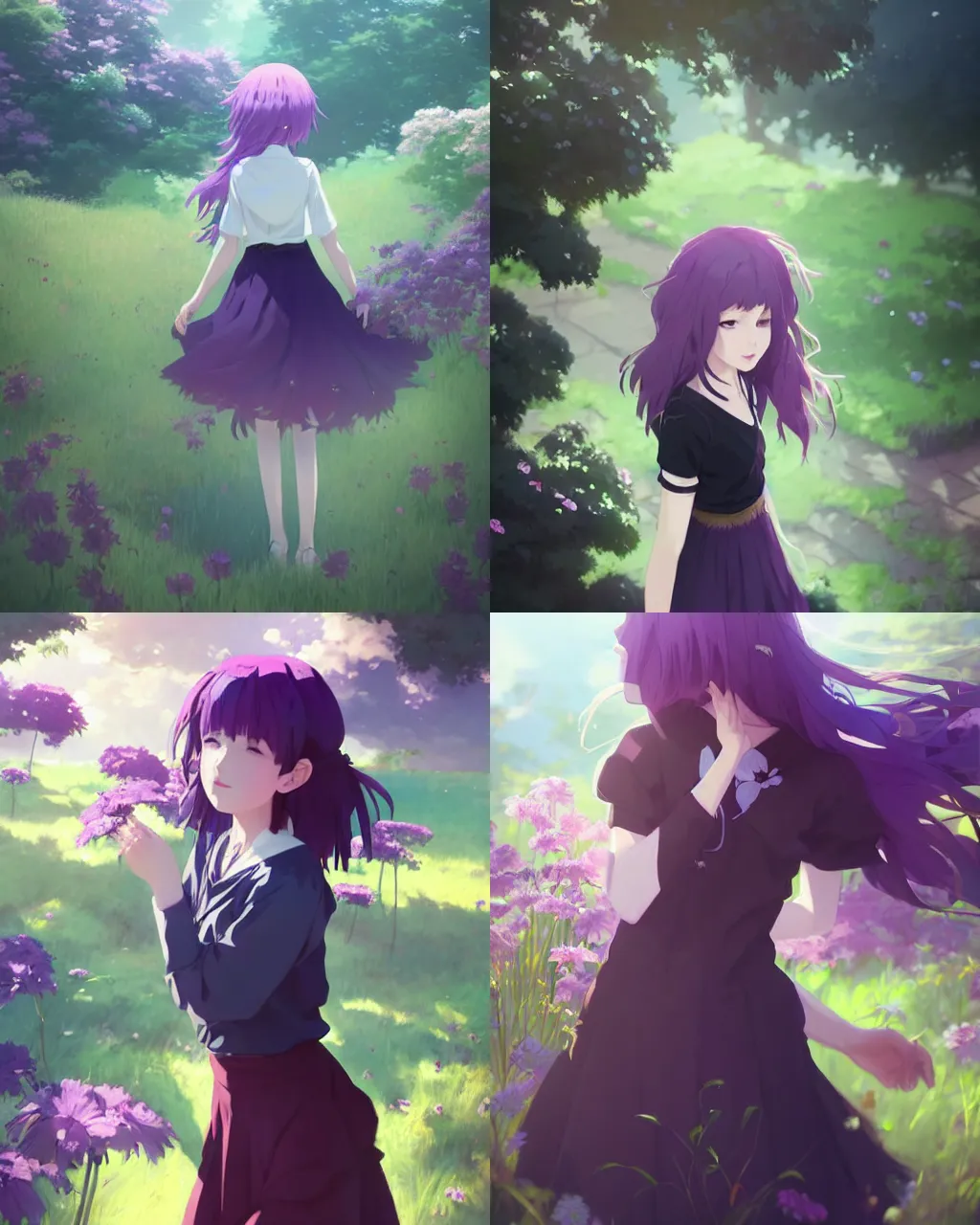 Image similar to girl with purple hair and black skirt, there are many flowers around, a beautiful portrait, top lighting, perfect shadow, soft painting, art by hidari and makoto shinkai and wenjun lin