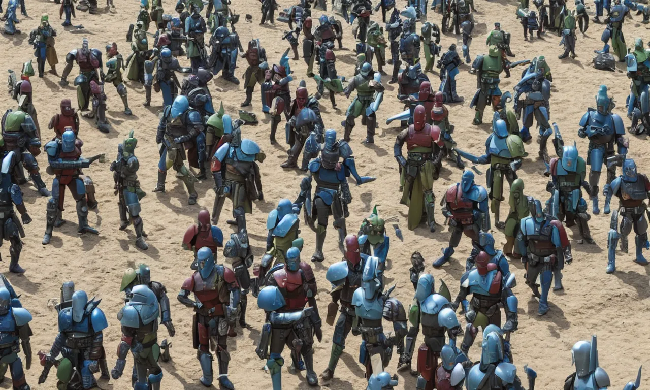 Image similar to many mandalorians inspecting and discussing something