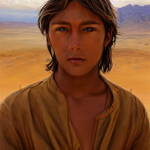 Image similar to a detailed portrait of a tan boy in the desert, fantasy art illustration, incredibly highly detailed and realistic, 8 k, sharp focus