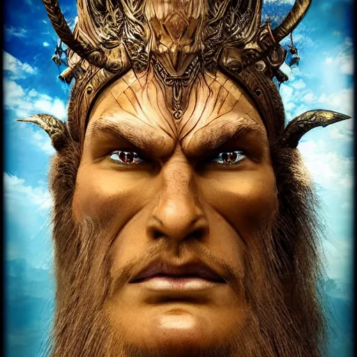 Image similar to portrait photo of a powerful magical giant, long stylized face, fantasy, detailed, maximalist