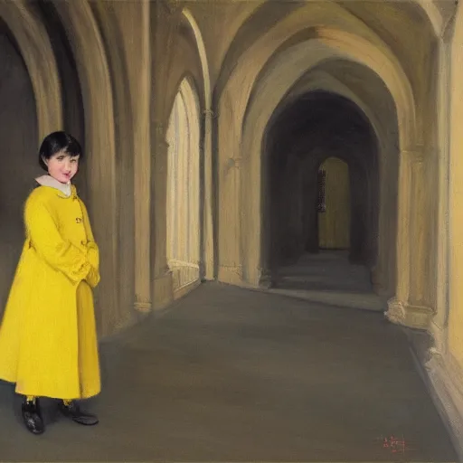 Image similar to a painting of a little girl with short black hair and wearing a yellow coat alone in the middle of a cloister in an abbey by hopper