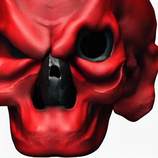 Prompt: Portrait of red skull with black tar dripping from eye sockets 3D render ray traced