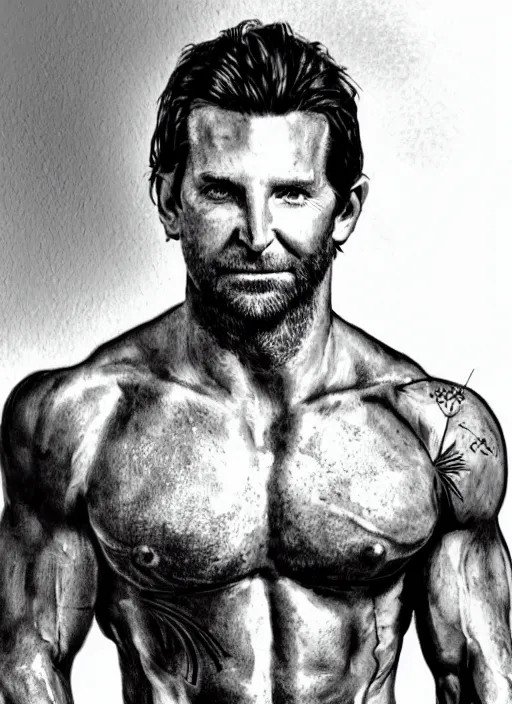 Prompt: photorealistic Portrait of frontal standing pose torso of a very attractive muscular man that looks like Bradley Cooper, heavily tattoed. All his skin is covered by elvish symbols and letters. Intricate, concept art, magic lighting overlays, magical portal opened, D&D!, fantasy style, sharp focus!, ultra detailed, art by Artgerm and Peter Andrew Jones, WLUP, Magali Villeneuve