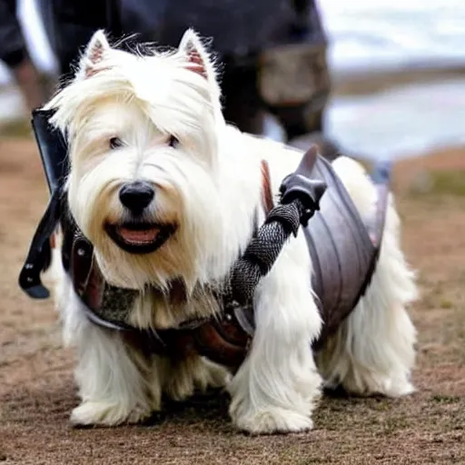 Prompt: west highland terrier dressed in iron armour with a gun attached to his head. gun on the head of westy.