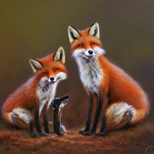 Image similar to a cute, meaningful, and profound oil painting of three foxes playing artstation james gurney