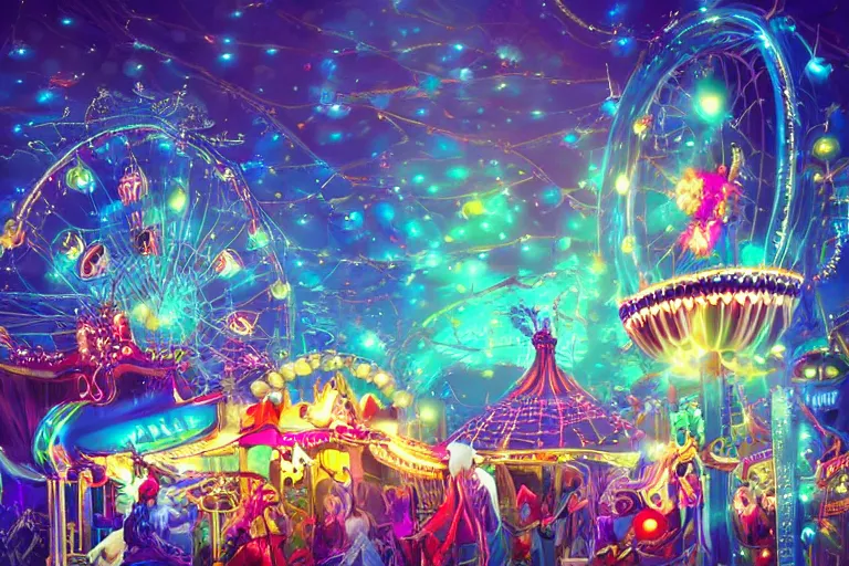 Prompt: a night carnival in a dreamworld, night, dark background, glowing lights, beautiful lighting, highly detailed digital art, trending in behance.