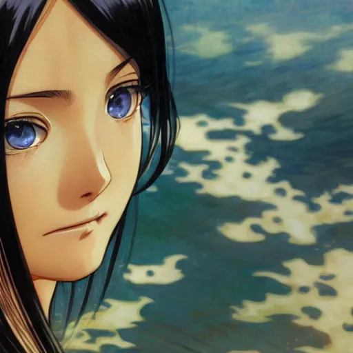 Image similar to highly detailed vfx portrait of nico robin by eiichiro oda, makoto shinkai, alphonse mucha, sharp focus, art by artgerm and greg rutkowski!, backlit, harsh overhead sunlight, blue eyes, takeshi obata, kaoru mori, tsutomu nihei, hayao miyazaki, pixiv, fanbox,