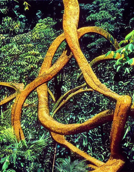 Image similar to vintage color photo of a giant 1 1 0 million years old abstract sculpture made of liquid gold covered by the jungle vines