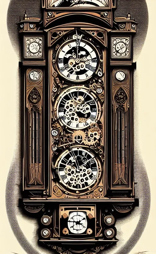 Prompt: ornate steampunk grandfather clock, high details, intricately detailed, by vincent di fate, inking, lineart, 3 color screen print, masterpiece, trending on artstation, sharp, details, hyper - detailed, hd, 4 k, 8 k