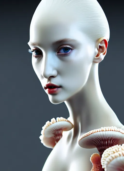 Prompt: intricate hyper detailed ultra sharp focus front shot 3 d render of a beautiful porcelain ivory woman, sharp focus, close - up, f 2. 8 1 5 0 mm natural light, elegant bionic haute couture cyberpunk mechanical red fractal mushroom corals, white mycelum and fungi head ornaments, alexandre ferra, octane render, volumetric cinematic lighting, 8 k,