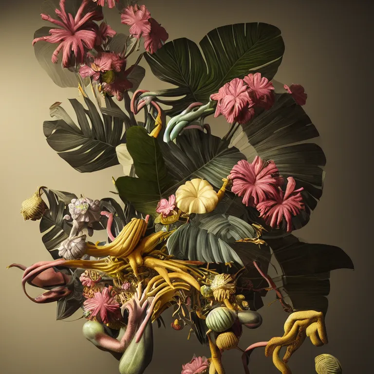 Image similar to still life of surreal alien pastel tropical flowers, surreal alien ribbed tropical fruit, white human spine, baroque painting, beautiful detailed intricate insanely detailed octane render, 8K artistic photography, photorealistic, chiaroscuro, Raphael, Caravaggio