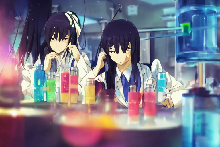 Prompt: anime girls mixing chemicals in a lab. pixiv, by makoto shinkai, fantastic, bokeh, animated, vivid colors