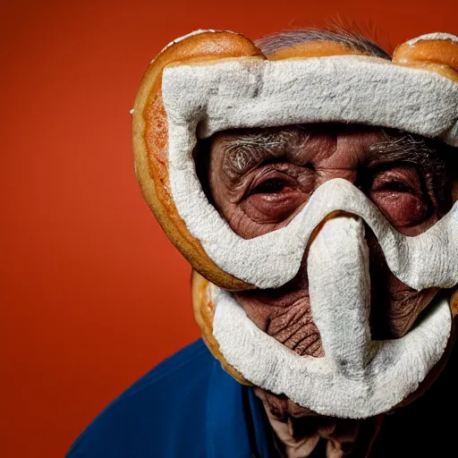 Image similar to an elderly man wearing a mask made from a doughnut, bold natural colors, national geographic photography, masterpiece, 8 k, raw, unedited, symmetrical balance