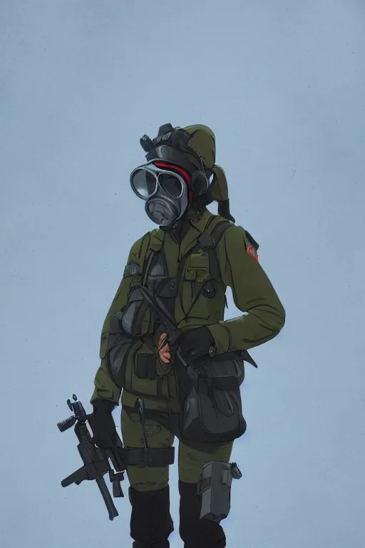 Image similar to british sas female operative with the standard s 1 0 gas mask and the black uniform, 8 0 s, artstation, trending on artstation, establishing shot, by simon stalenhag