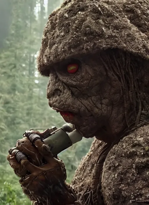 Image similar to cinematic, 4 k, full body portrait, rock golem as a soldier smoking a cigarette, still from the movie predator