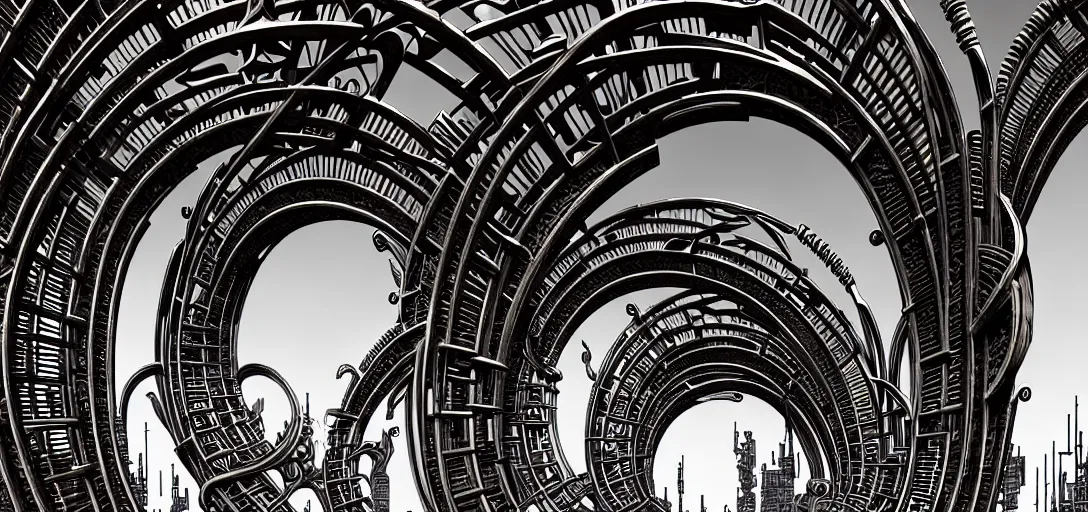 Image similar to a double helix dna cyberpunk steampunk carved archway, high details, lineart, by vincent di fate and joe fenton, inking, screen print, masterpiece, trending on artstation, sharp, high contrast, hyper - detailed, ultrawide, hd, 4 k, 8 k