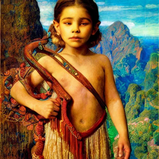 Image similar to portrait of the child of the lost city of the clouds in full regalia, by Annie Swynnerton and Diego Rivera and Tino Rodriguez and Maxfield Parrish, elaborately costumed, rich color, dramatic cinematic lighting, extremely detailed