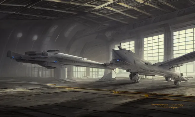 Prompt: matte painting, digital painting, high quality, unreal engine 5, a sci fi hangar