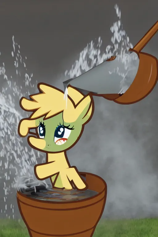 Prompt: Derpy Hooves is dousing a server fire using a watering can