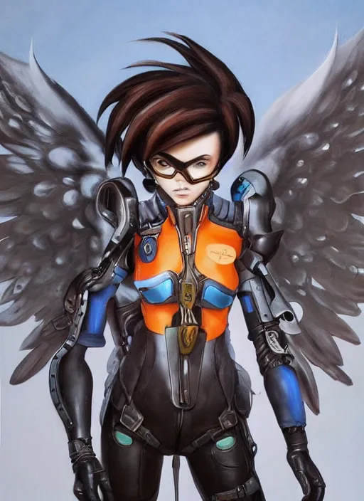 Prompt: full body artwork of tracer overwatch, wearing leather collar, in style of zdzisław beksinski, angel wings, dramatic painting, symmetrical composition, wearing detailed leather collar, black shiny armor, chains, black harness, detailed face and eyes,