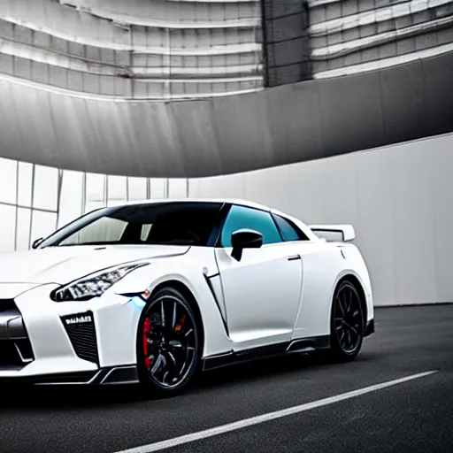 Image similar to 105mm photograph f1.8 full view white Nissan GT-R showroom beautiful lighting from 2022