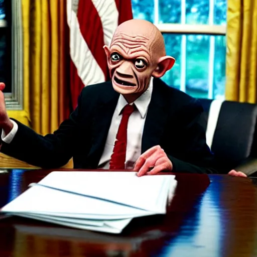 Prompt: president gollum giving a speech in the oval office