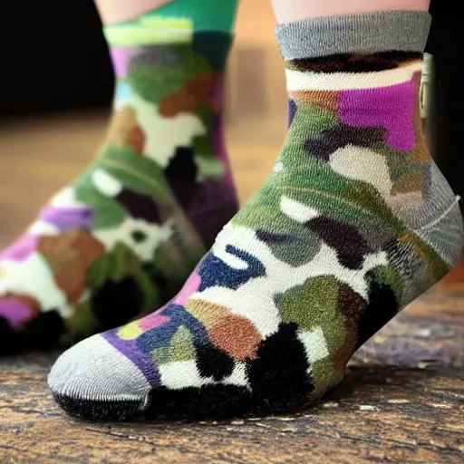 Image similar to My boss is wearing fluffy camo socks